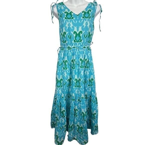 Talbots Petite Womens Blue Green Cotton Midi Peasant Sleeveless Dress sz 8P - Picture 1 of 16